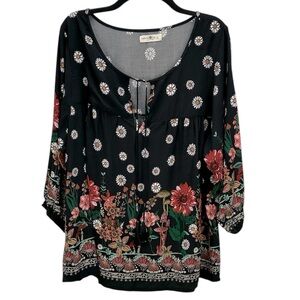 Natural Life Maribel Mushroom Floral Print Top L Tassel Tie Neck 3/4 Sleeve Boho